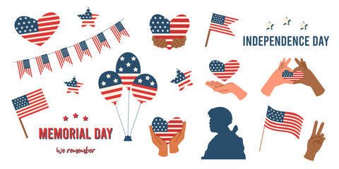 Set of objects for Memorial and Independence day. Vector flat illustration.