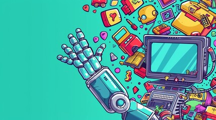An illustration of a marketing automation banner illustrating technology for SEO, internet, and digital business. A robot holding an office attribute and media icons on a computer desktop.