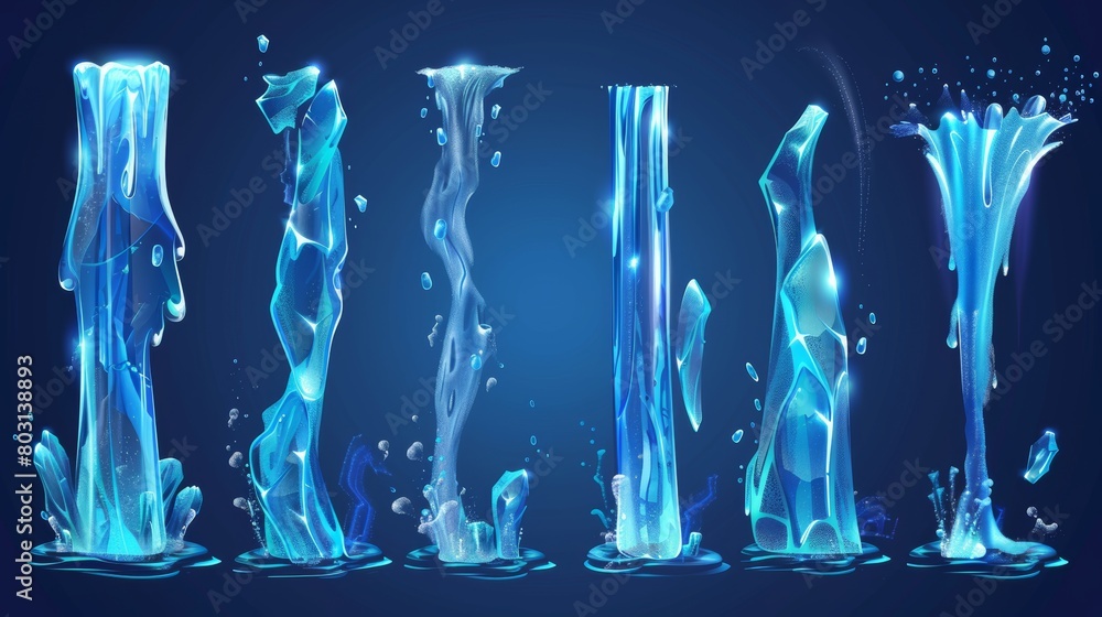 Poster set of water streams, isolated flow motion of pure liquid with drops and splashes. dynamic visual ef
