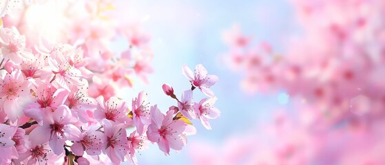 Horizontal banner with sakura flowers of pink color on sunny backdrop. Beautiful nature spring background with a branch of blooming sakura. Sakura blossoming season in Japan