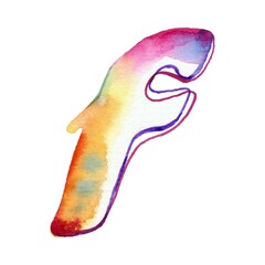 A small, vibrant rainbow watercolor letter "f" shines against a pristine white backdrop, adding a splash of color and whimsy to the scene with its playful charm and artistic flair.