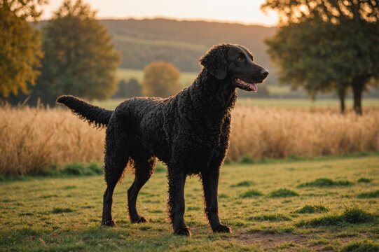 full body of Curly-Coated Retriever dog on blurred countryside background, copy space - Powered by Adobe