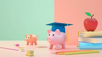 Graduation hat piggy bank apple and stationery