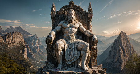 The majestic Statue of Zeus sits enthroned atop the craggy peak of Mount Olympus, Generative AI