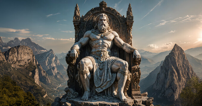 The majestic Statue of Zeus sits enthroned atop the craggy peak of Mount Olympus, Generative AI