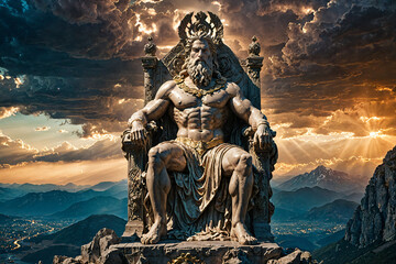 The majestic Statue of Zeus sits enthroned atop the craggy peak of Mount Olympus, Generative AI