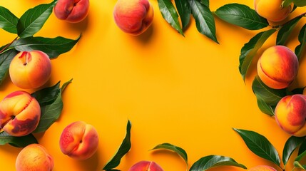 Colorful image of fresh peaches with leaves on a vibrant yellow background.