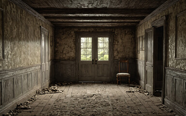 Living room of an abandoned house with walls weathered away by time, Generative AI
