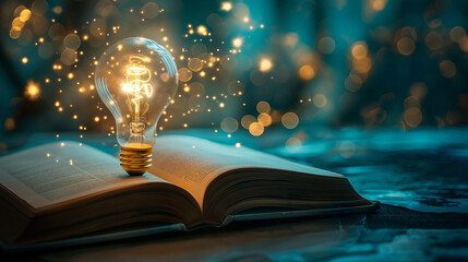 light bulb glowing on book, idea of ​​inspiration from reading, innovation idea concept, Self learning or education knowledge and business studying concept.