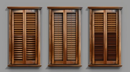 A realistic modern set of closed and open roller blinds for glass windows, brown blinds for offices and shops on a transparent background.
