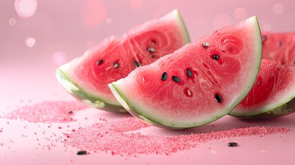 Slices of ripe watermelon on pink background, closeup