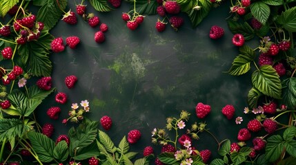 Lush frame of raspberries, red currants, leaves, and flowers on dark green background.