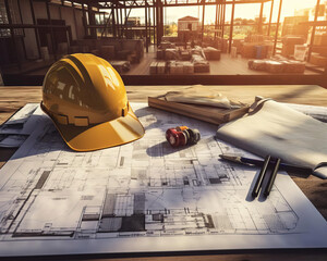 A detailed image of architectural plans, a hard hat, and construction tools laid out on a makeshift onsite desk