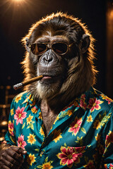 Fototapeta premium A monkey with groomed hair, wearing sunglasses and a shirt embroidered with flowers, smoking a cigar, Generative AI