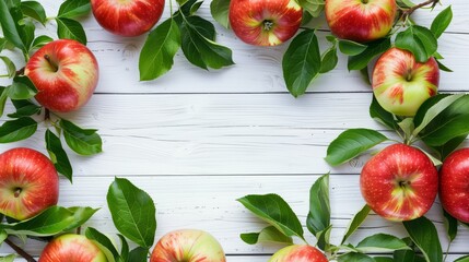 Fresh red apples with green leaves spread on a white wooden background, creating an appealing and vibrant display.