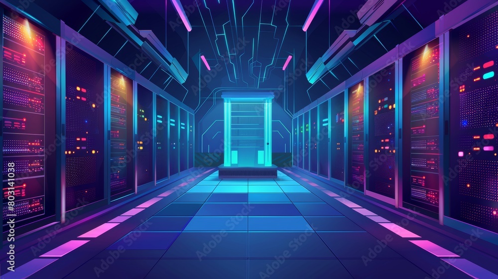 Poster a modern cartoon depicting a future data center room with holograms of servers and processors. conce