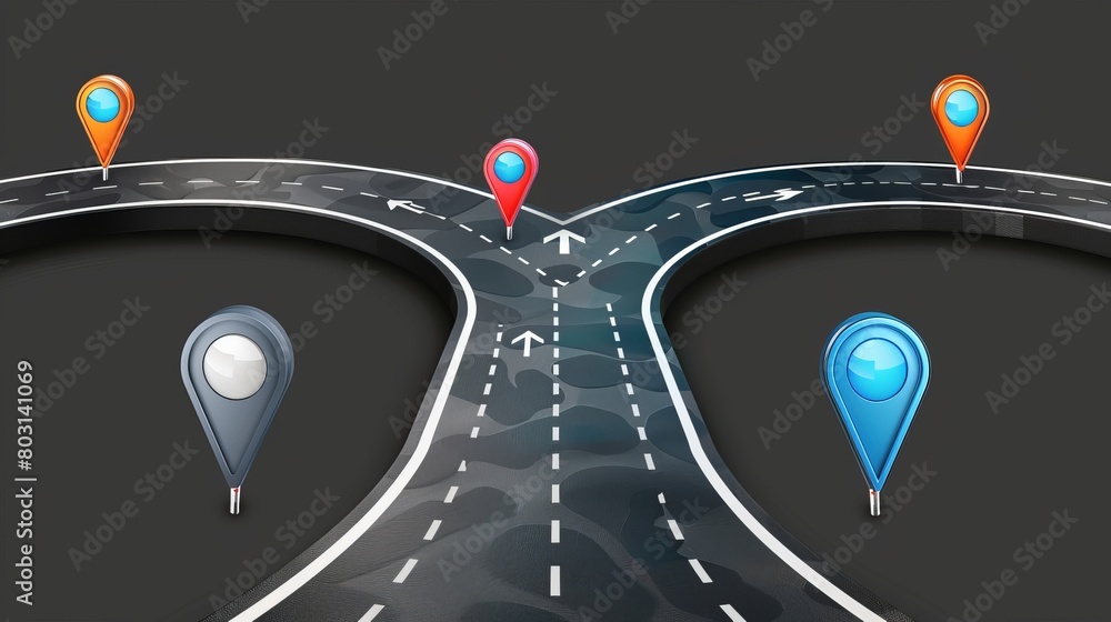 Poster map of a highway navigation route with gps pins isolated on transparent background. two-lane asphalt