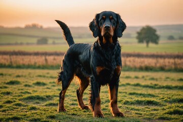 full body of Gordon Setter dog on blurred countryside background, copy space - Powered by Adobe