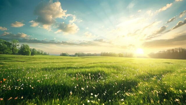 Sunrise over lush field with flowering plants and bright blue sky
