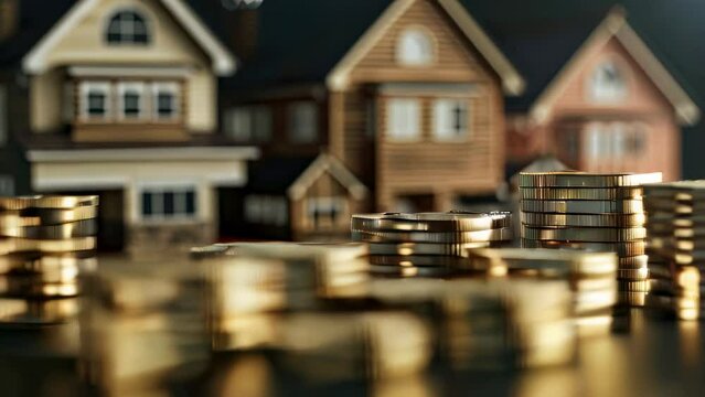 Stacks of coins in front miniature houses, concept for real estate investment or property costs