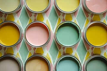 row of open cans with paint in muted mustard yellow, pink and green colors on a geometric print wallpaper flat lay