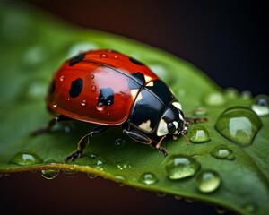 Fototapeta premium A macro shot of a ladybug on a leaf, detailed texture visible, with a blurred background