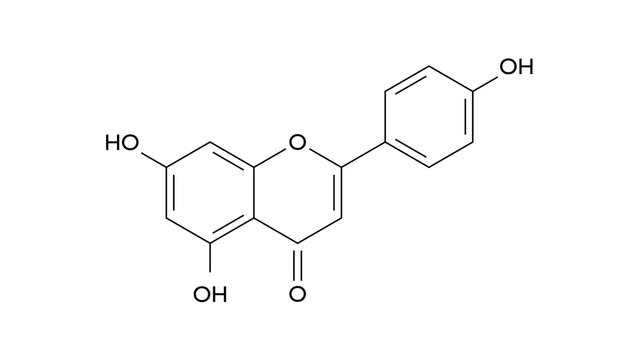 apigenin molecule, structural chemical formula, ball-and-stick model, isolated image flavone class