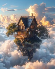 Tiny home nestled among the clouds, floating peacefully in the sky