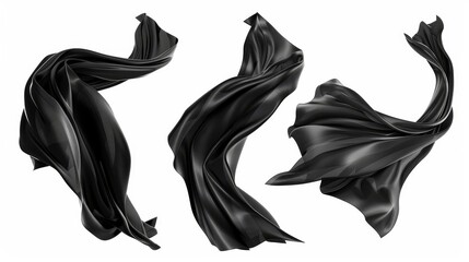 Billowing black silk fabric isolated on white background. Luxury black textile drapery, flowing satin tissue in the wind.