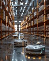 Small autonomous robots sorting packages in a logistics warehouse, with visible barcodes and organized shelves