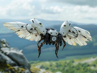 Bioinspired flying robot with wings that flap like a bird, demonstrated in a clear sky above a scenic landscape