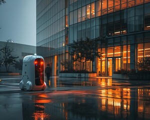 Autonomous security robot patrolling a corporate campus at night, featuring soft lighting and modern architecture - obrazy, fototapety, plakaty