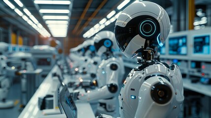 Fototapeta premium Busy robotics lab with autonomous robots performing assembly tasks, featuring a clean, modern industrial setting