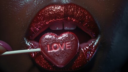 Red Lipstick and Love Candy Close-Up. Close-up of glossy red lips holding a heart-shaped candy with "LOVE" inscription.