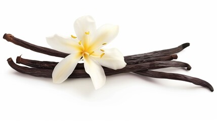 High-resolution image of vanilla pods crossed over a delicate white vanilla flower on a white background.
