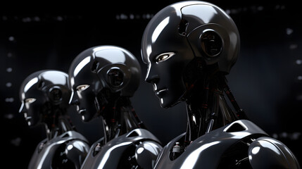 Artificial Intelligence Robotics with Metallic Androids on Black Background