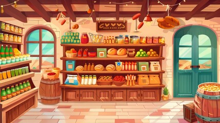 Eco store empty interior, grocery shop with organic products on wooden shelves. Dairy products, homemade sausages, bakery, honey, farmer food retail place, cartoon modern illustration.