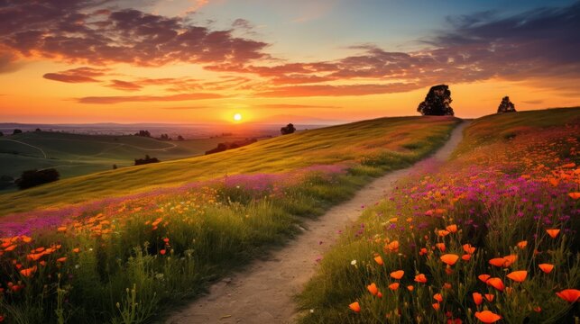 A scenic view of rolling hills covered in vibrant wildflowers at sunset, with space for text