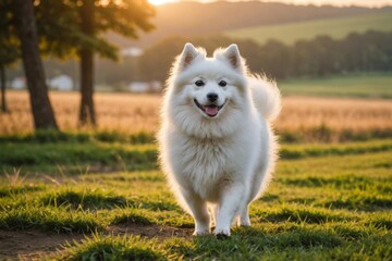 Fototapeta premium full body of Japanese Spitz dog on blurred countryside background, copy space