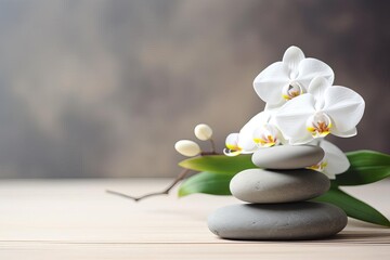 A soothing image of smooth stones stacked with a white orchid, spa concept with copy space