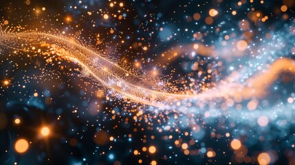 Elegant golden particles flow in a swirling motion against a deep blue backdrop