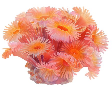 A vibrant illustration of Flowerpot Coral, resembling blooming flowers, bright pinks and robust oranges, white background, vivid watercolor, 100 isolate