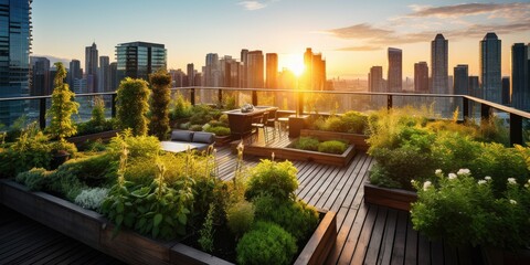 City Skyline Enhanced by the Radiance of the Setting Sun in the Background