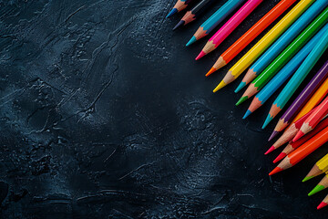 Black background with rainbow pride and colored pencil crayons in a flat lay, top view, in the style of copy space concept.