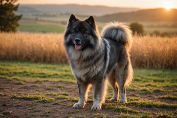 full body of Keeshond dog on blurred countryside background, copy space