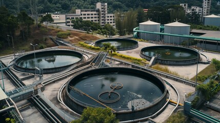 Aerial view of a modern water treatment plant with circular sedimentation tanks and facility buildings.