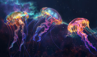 A glowing jellyfishs floating in space, its iridescent body reflecting the cosmic backdrop with vibrant colors. The creature's tentacles dance gracefully as it floats through deep blackness - obrazy, fototapety, plakaty
