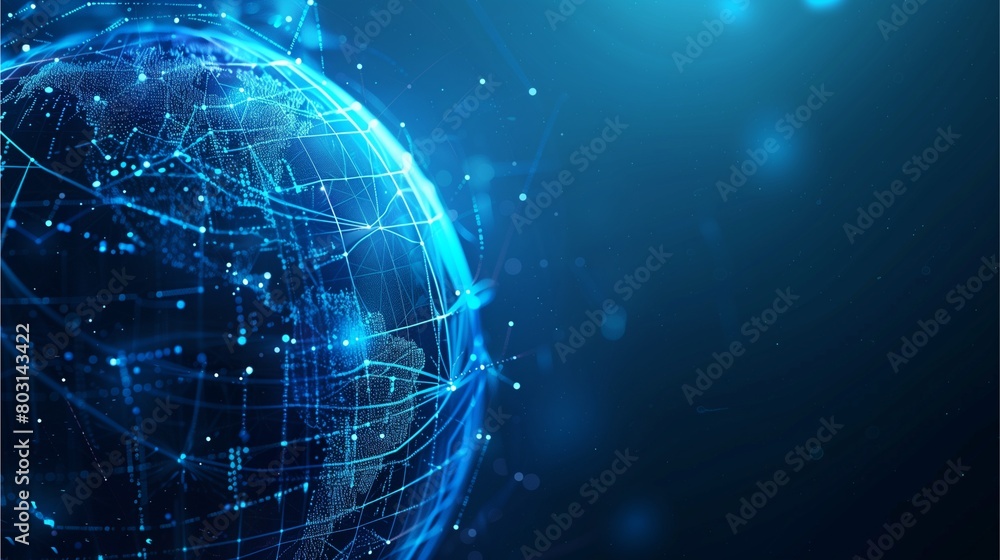 Poster digital blue background with globe and data visualizations, representing a global digital business o