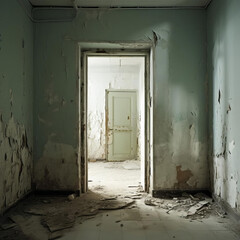 An office door with a broken handle, slightly ajar in a deserted corridor