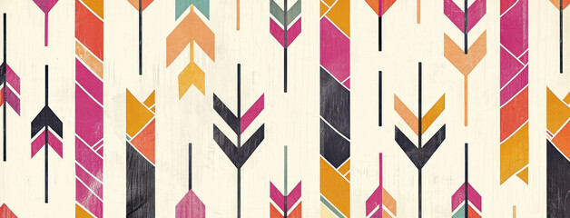 Obraz premium Abstract colorful arrow pattern on beige and white background with central arrow design